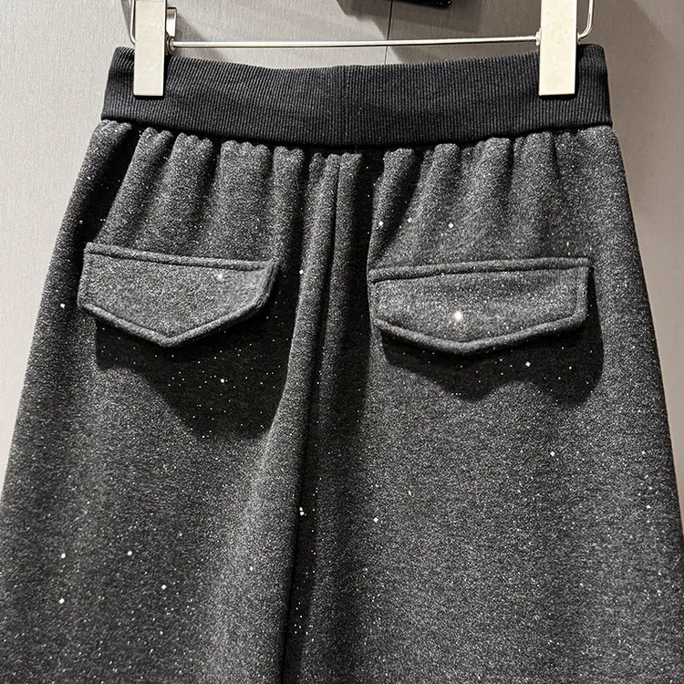 撒银闪光加绒高腰抽绳阔腿裤加厚女冬季宽松显瘦慵懒休闲直筒长裤