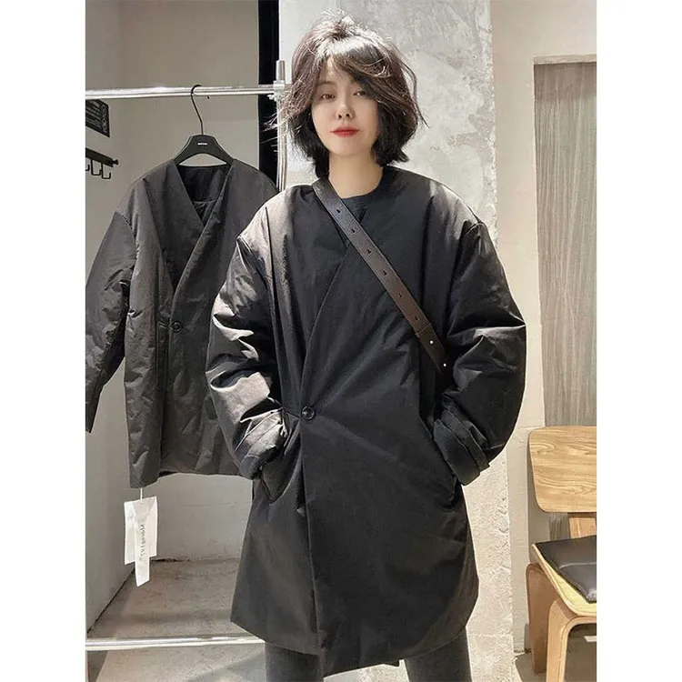 欧洲站2025春季新款洋气百搭宽松斜扣V领棉服时尚纯色中长款外套