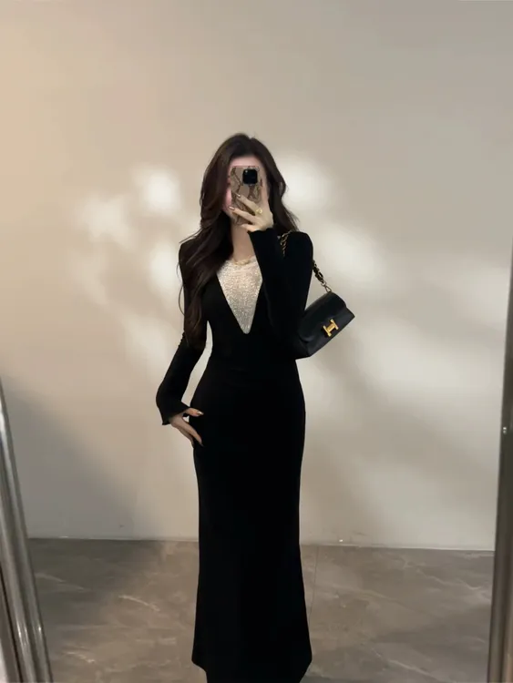 【大婷婷】冬季新款轻奢名媛长袖裙子抽褶收腰包臀鱼尾连衣裙秋冬