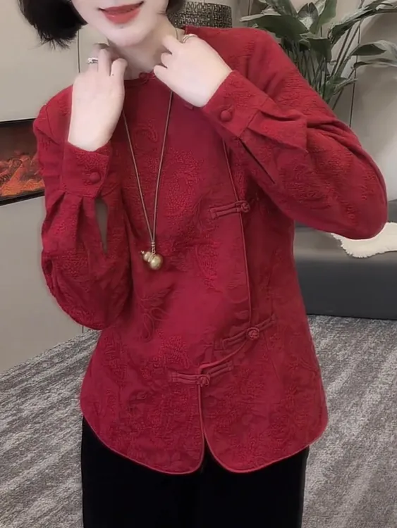 复古新中式红色斜襟盘扣长袖上衣2025年冬季女装新款独特别致小衫