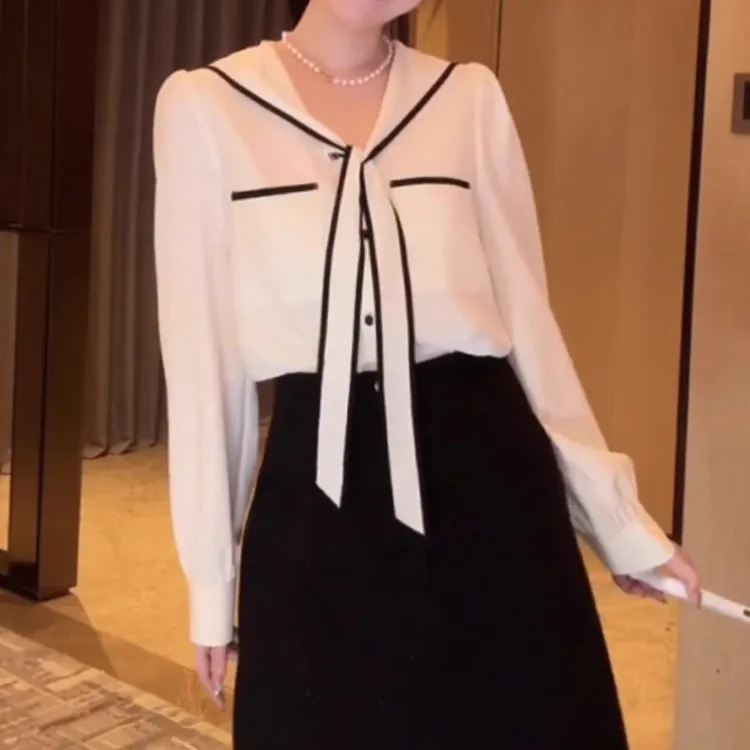 法式甜美风撞色飘带长袖衬衫2025秋季新款洋气减龄学院风显瘦上衣