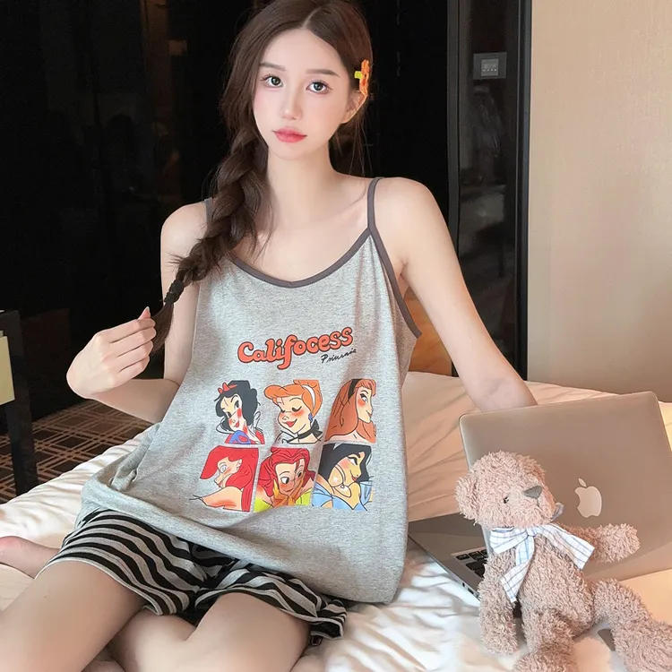 性感吊带睡衣女夏季莫代尔夏天凉感背心可外穿带胸垫卡通两件套装