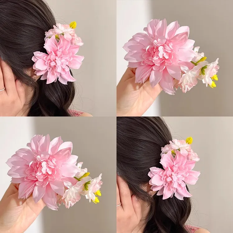 甜美少女粉色花朵发夹后脑勺碎发鸭嘴夹前额侧边刘海夹超仙头饰春