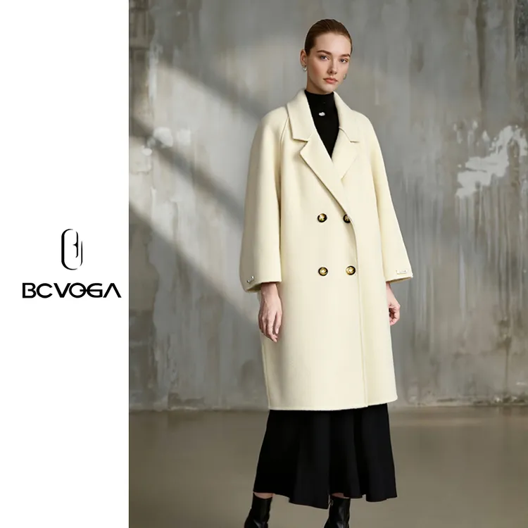 BCVOGABCVOGA米白色双面呢大衣秋冬女冬季大翻领通勤长款毛呢外套