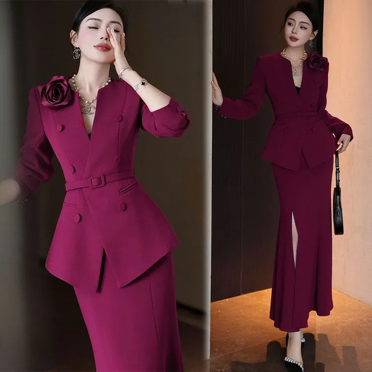 气质名媛职业套装女2025秋季新款爆款收腰显瘦V领上衣鱼尾裙套装