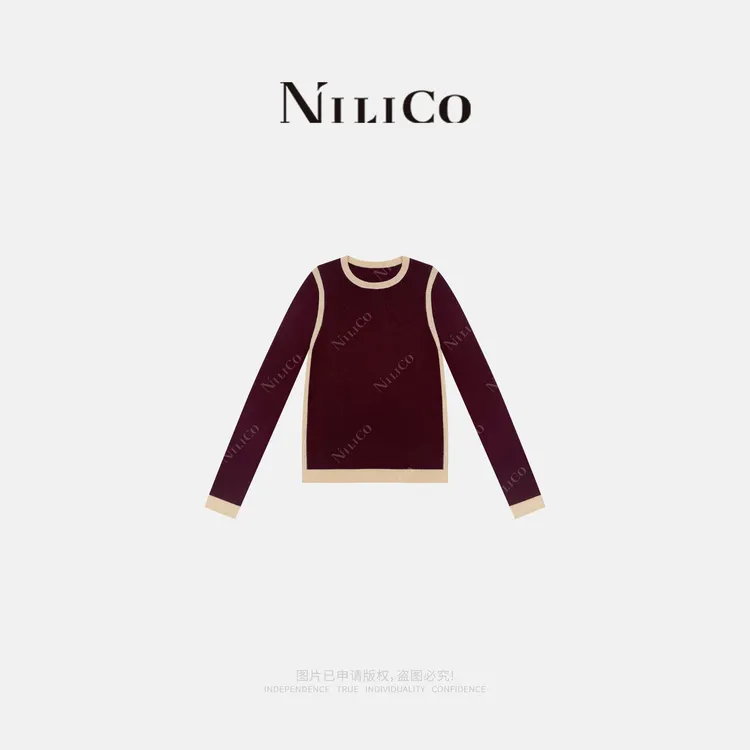 NILICO【幕紫】梦幻紫超柔羊毛拼色打底毛织衫