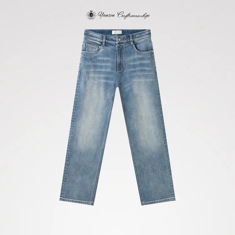 （直筒）重工水洗 手工擦白 猫须 浅蓝牛直筒牛仔裤长裤 YSA1032