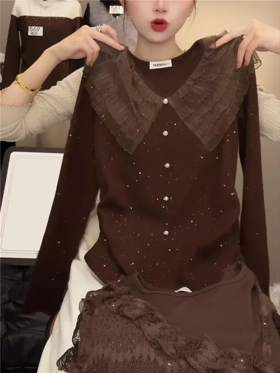 法式气质蕾丝荷叶边长袖T恤女秋冬新款设计感洋气内搭打底衫上衣