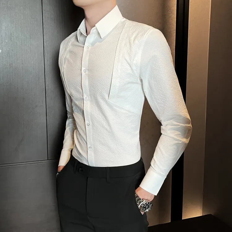 拼接男士长袖衬衫高级感痞帅商务修身秋装2025新款休闲潮流衬衣