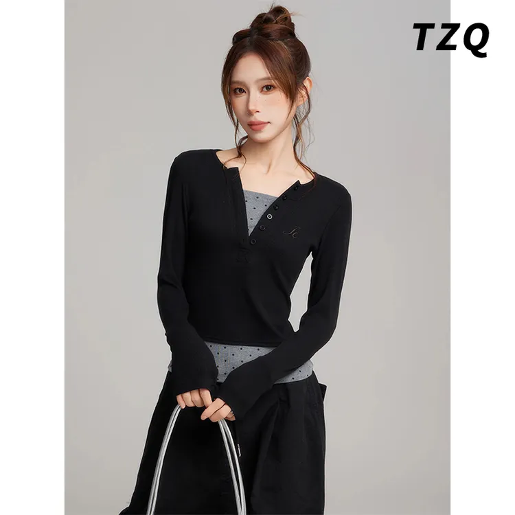 假两件纯欲辣妹针织短款长袖t女秋修身显瘦设计感上衣 TZQ2581936