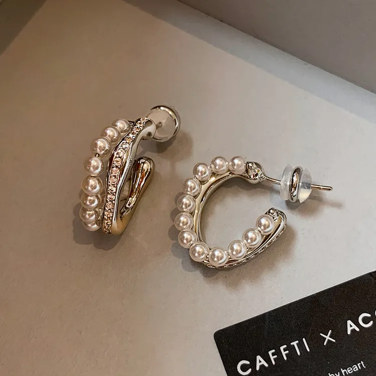 铜合金耳饰 法式流光锆石珠珠耳环女轻奢气质高级感优雅百搭耳饰