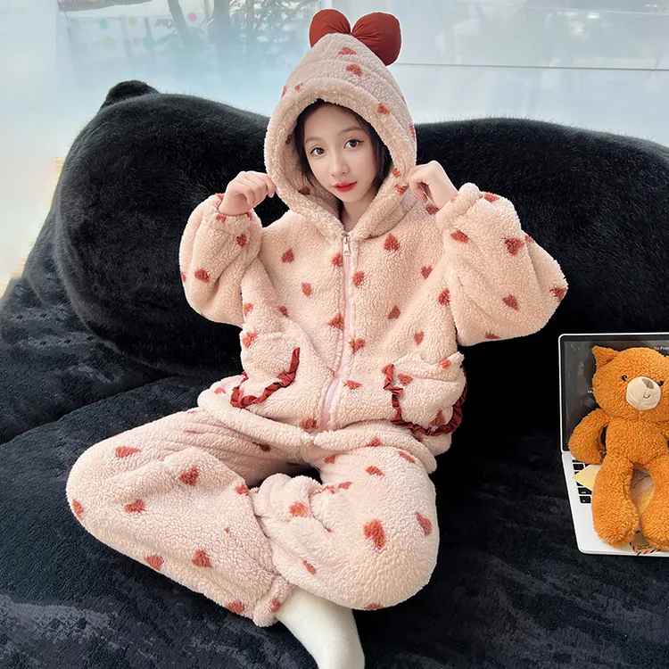 女童冬装厚珊瑚绒睡衣2025新款初高中生加绒保暖法兰绒家居服套装