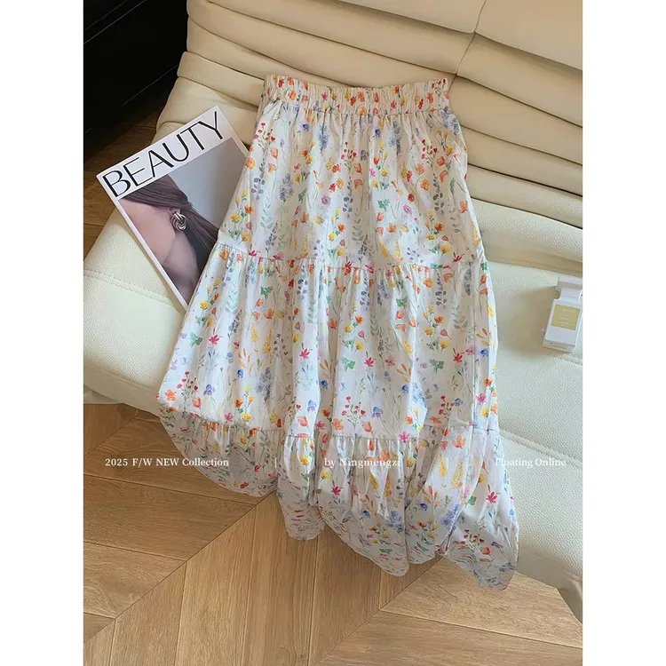 无货田园彩色碎花半身裙女夏季超仙气质字长裙