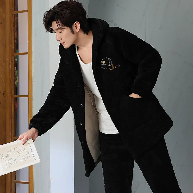 男士睡衣冬季爆款三层夹棉加厚加绒保暖连帽新款珊瑚绒家居服套装