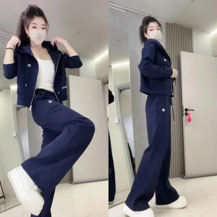 2025秋季休闲运动套装女气质新款时尚显瘦连帽宽松阔腿裤两件套潮