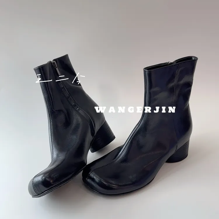 王二今/牛皮/5CM/韩系圆头粗高跟极简高级切尔西靴时装丑丑短靴女