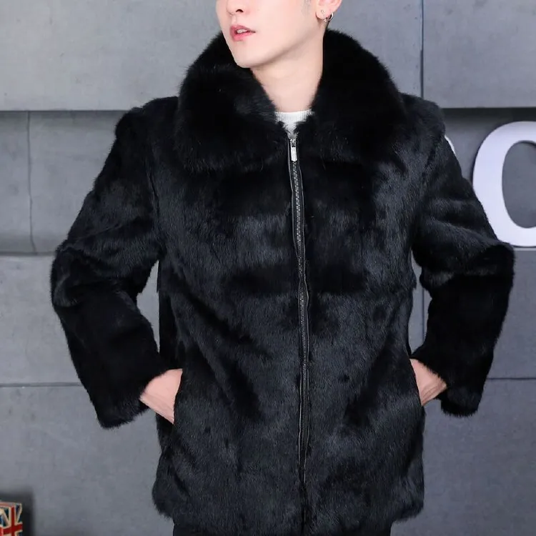 日光岛屿秋冬新款真兔毛皮草男装狐狸毛领短款外套连帽立领整皮毛