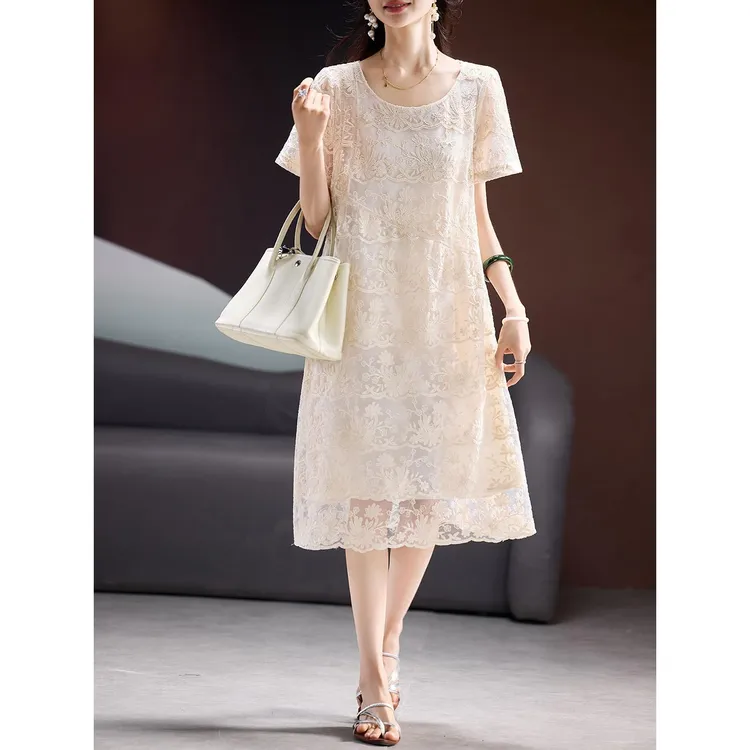 DUCURNO时尚蕾丝连衣裙女夏季2025新款优雅复古气质大码中长裙子