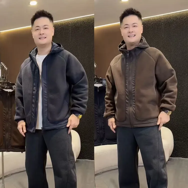 秋冬新款双面摇粒绒时尚连帽外套男潮牌拼接时尚加厚保暖休闲夹克