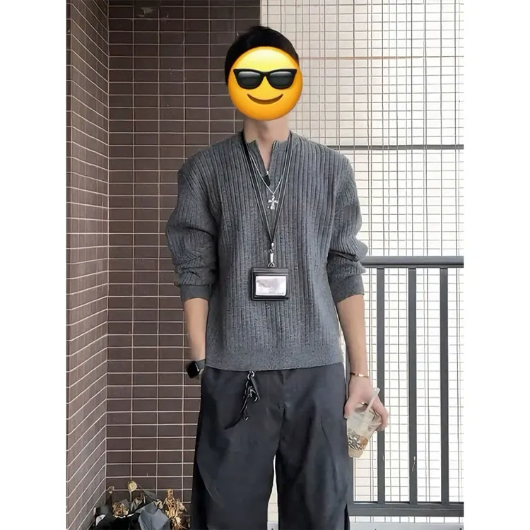 拉夫老钱风坑条肌理半拉链毛衣男秋冬美式复古慵懒风高级感针织衫
