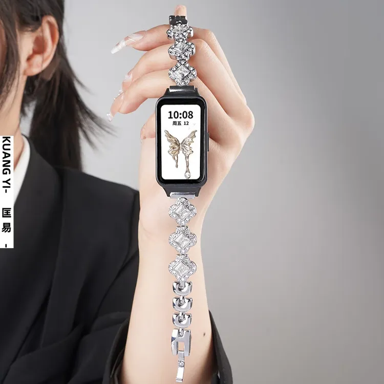 适用华为手环10表带施华洛镶钻金属四叶草华为9/8女款nfc手表链夏