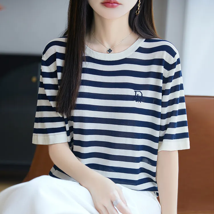 哥弟阿玛施正品女装短袖T恤圆领时尚条纹针织衫宽松百搭短袖上衣