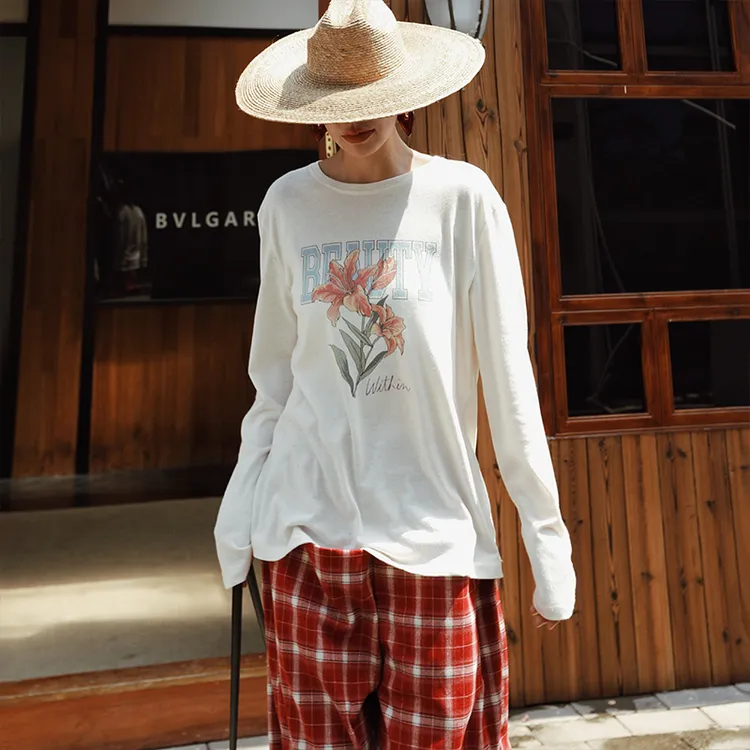 麦叙原创《野百合》法式艺术印花白色长袖T恤中长款打底衫上衣
