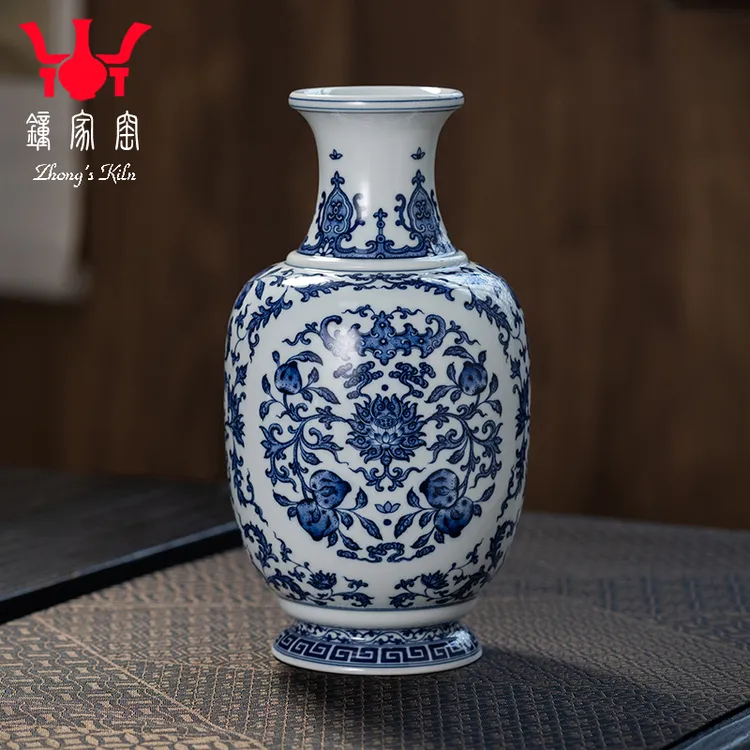 钟家窑陶瓷花瓶景德镇柴窑青花手绘点工缠枝福寿纹冬瓜瓶博古摆件