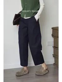 早秋好穿松紧腰弧形棉质简约百搭时尚直筒牛仔裤显瘦舒适哈伦裤女