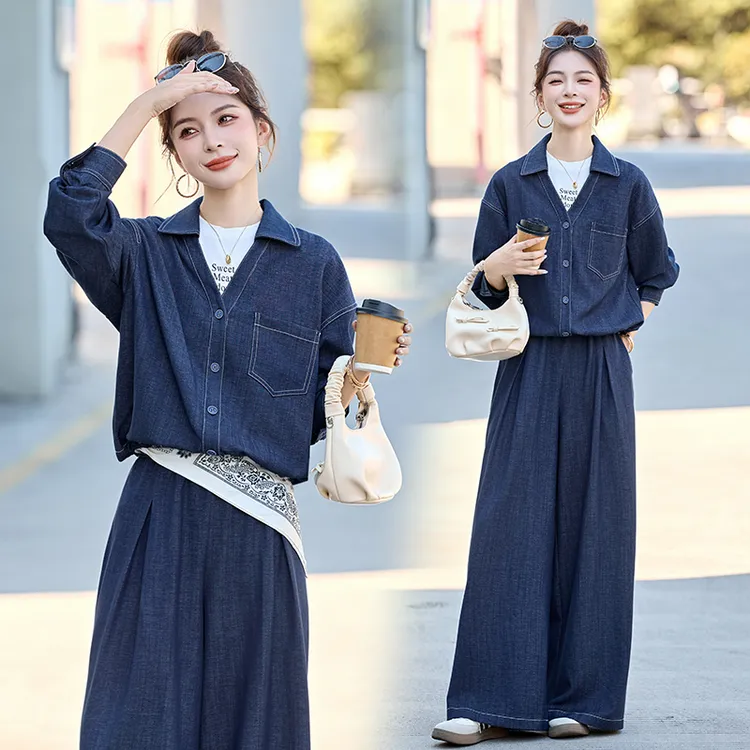 休闲时尚复古翻领牛仔套装女2025年春秋新款洋气时髦阔腿裤两件套