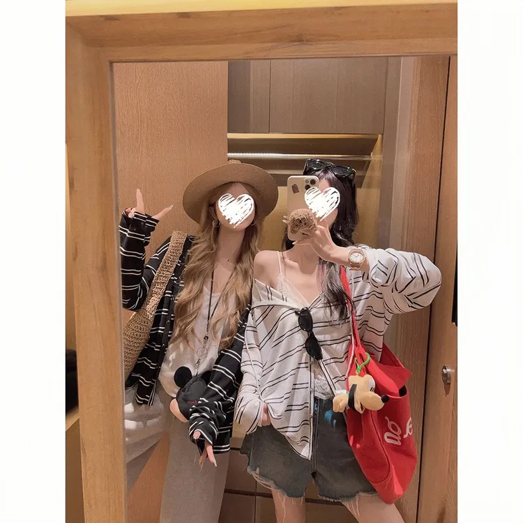 CKKOR夏季透气防晒连帽开衫慵懒风长袖t恤女复古休闲条纹纽扣上衣