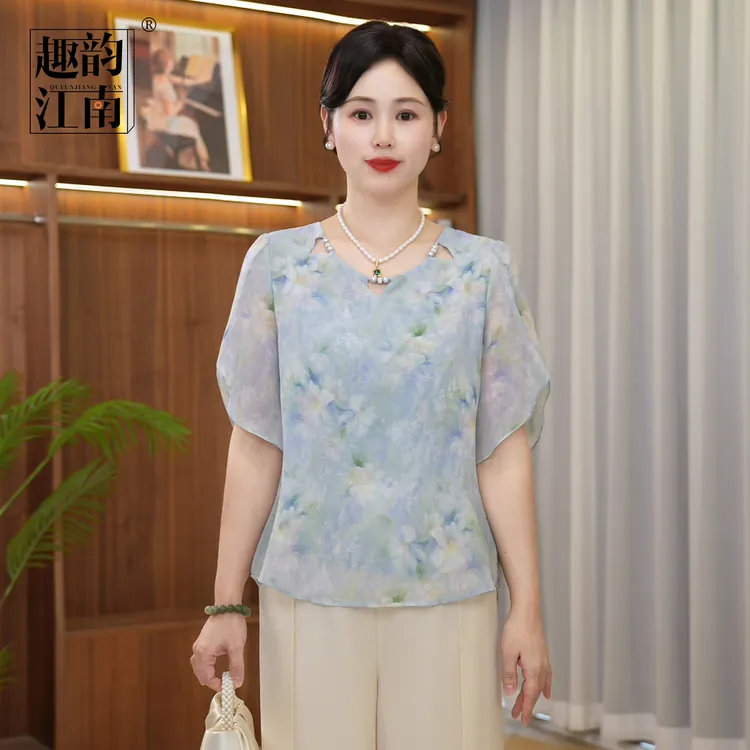 趣韵江南妈妈装夏装印花雪纺小衫套装中老年女薄款宽松上衣