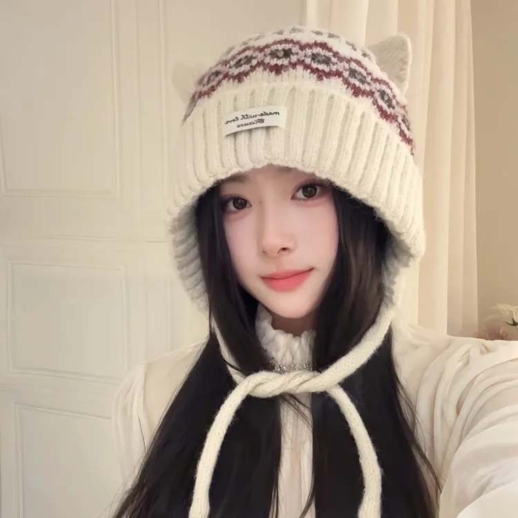 可爱猫耳朵甜美可爱提花针织帽子女秋冬季护耳显脸小毛线帽加厚