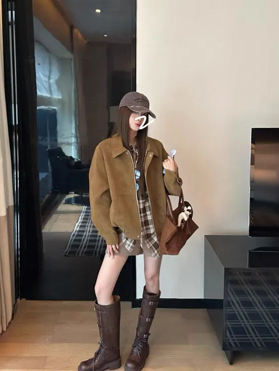 女2025秋季小个子美式复古拉链翻领夹克衣棕色美拉德麂皮绒外套