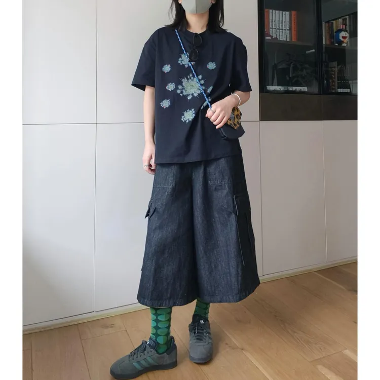 美式深蓝色阔腿七分牛仔裤女2025夏季新款宽松过膝设计阔腿中裤子