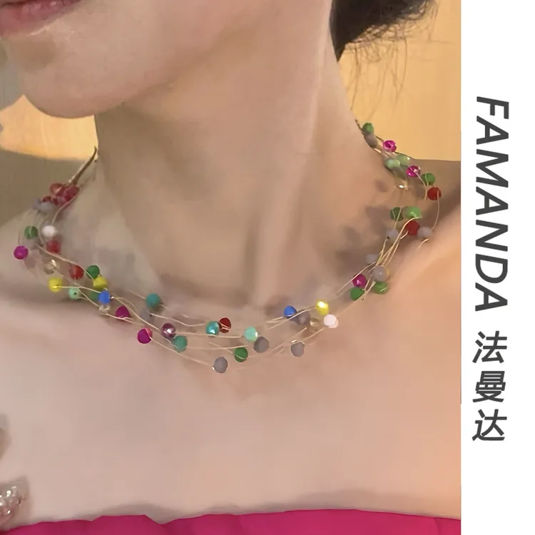 铜合金仿水晶项链 【缤纷项链】彩色时尚精致时髦度假风颈链
