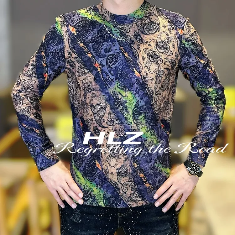 2025秋冬新款男士修身弹力百搭时尚休闲不规则图案圆领长袖打底衫