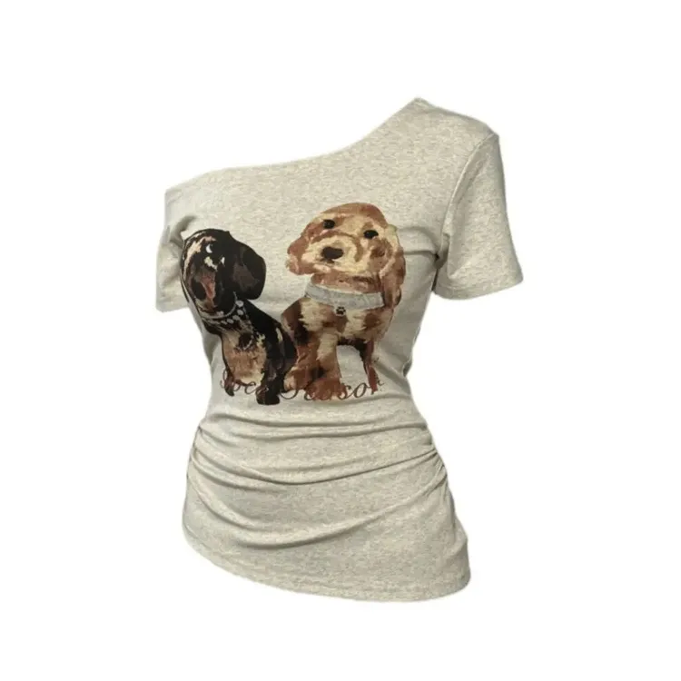 93%棉微胖mm美式少女印花小狗斜肩短袖T恤女修身显瘦不规则上衣
