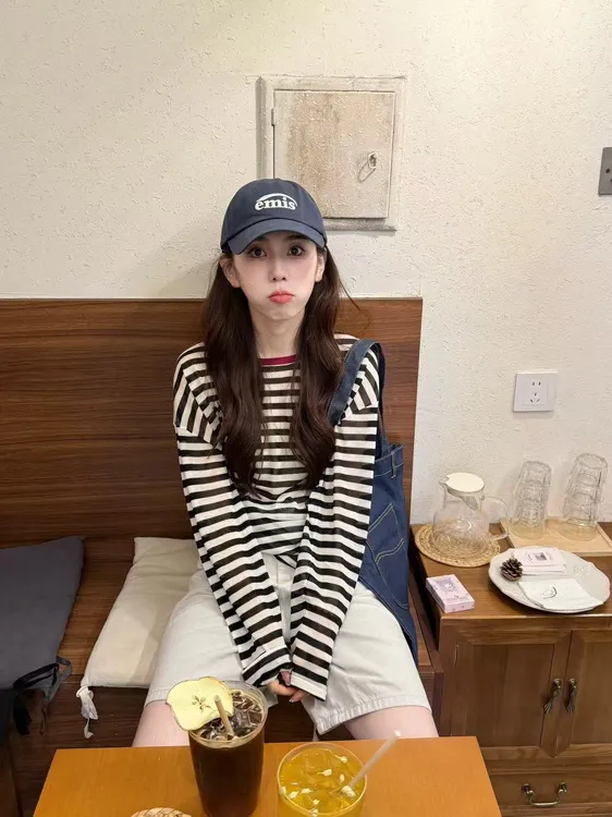 2025夏季新款韩系条纹圆领长袖防晒t恤上衣空调衫百搭休闲短裤