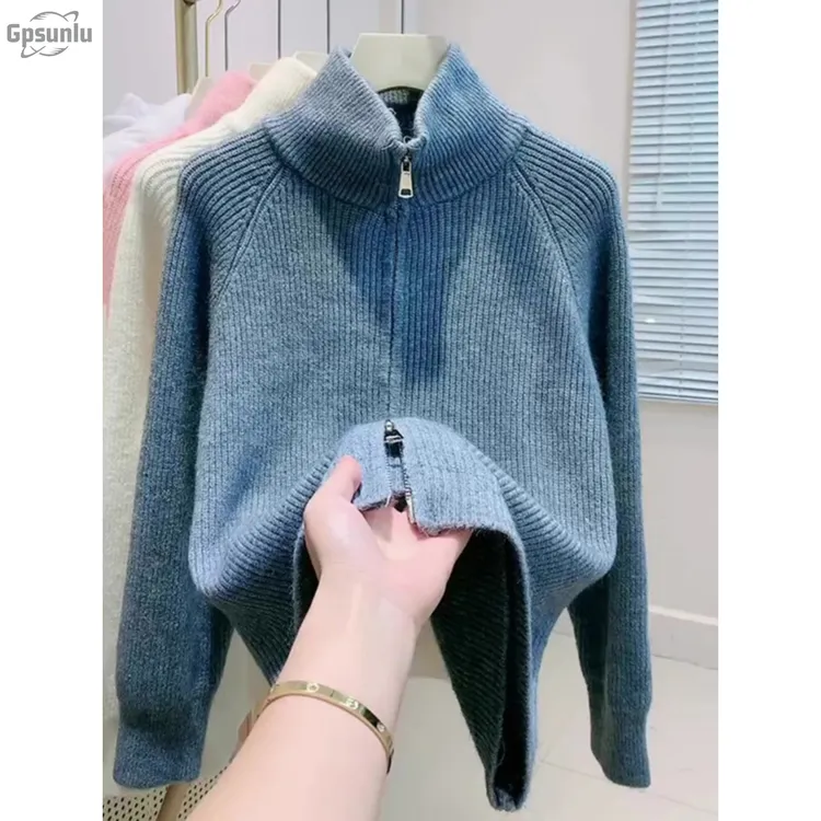 gpsunlu高领毛衣下装衬衫妇女秋季增厚针织开衫夹克粉红色上衣
