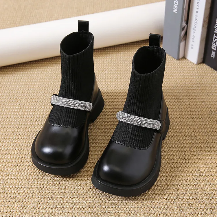 女童靴子2025秋冬新款儿童加绒袜靴小女孩黑色皮靴洋气软底公主鞋