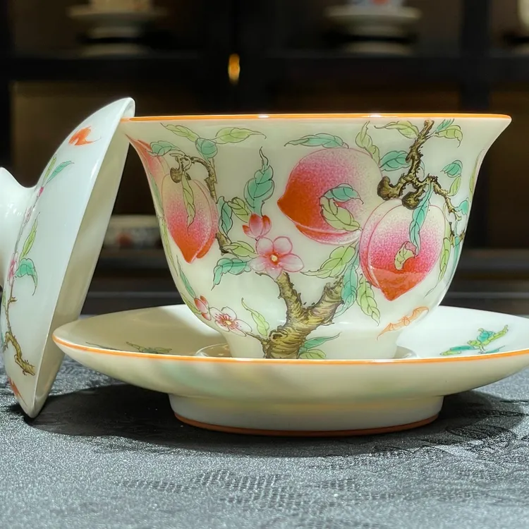 寿桃三才盖碗手工高档可爱复古创意陶瓷杯碟水盖