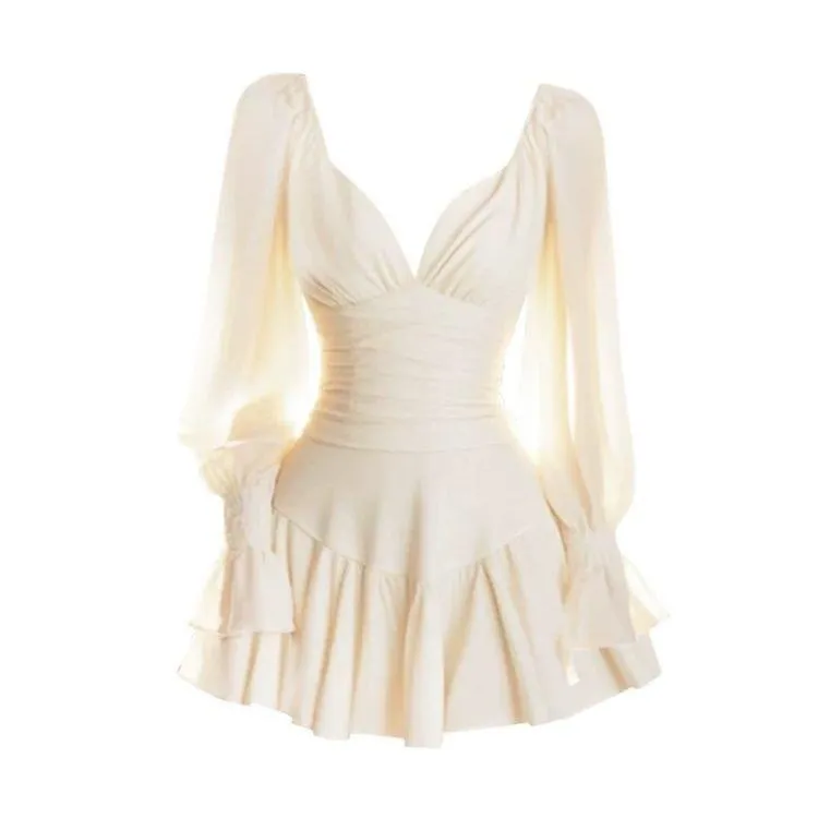 大码胖mm法式温柔风米色纯欲泡泡袖褶皱收腰显瘦a字连衣短裙