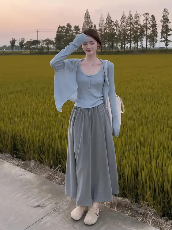 2025秋季新款韩系通勤穿搭气质开衫吊带上衣高腰半身裙时尚三件套