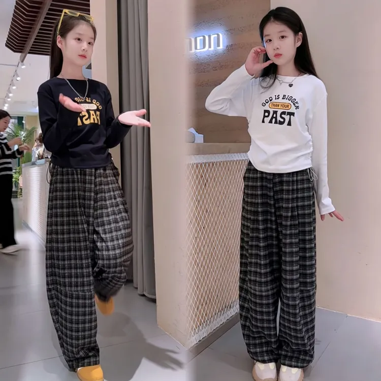 女童春秋新款套装儿童潮款8-15岁中大童抽长袖上衣+格子裤两件套9