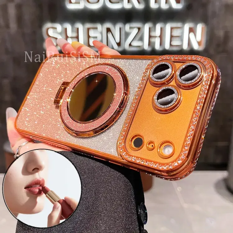 适用苹果17promax手机壳新款16pro闪粉化妆镜支架15pro防摔保护套