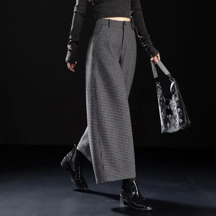 九分加绒格子裤女2025秋冬毛呢裤子宽松加厚洋气灯笼裤弯刀阔腿裤