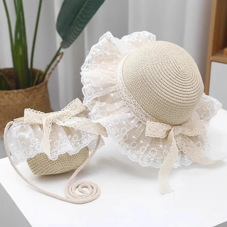 亲子女童帽子夏季新款小雏菊蕾丝草帽薄款沙滩防紫外线遮阳帽