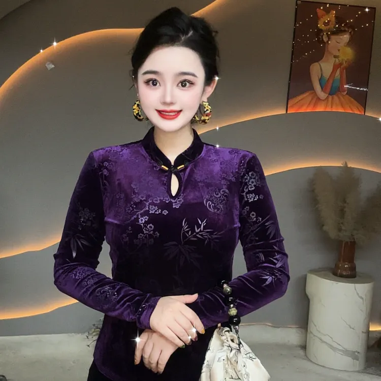 【丝绒雅韵】国风时尚新中式立体植绒爆款打底衫女