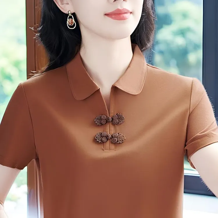 港风棕色上衣洋气妈妈短袖t恤女夏百搭国潮运动polo衫新中式冰丝